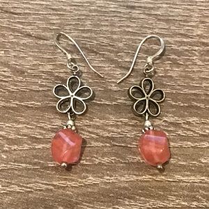 Sterling Silver Flower with Strawberry Quartz Hook Dangle Earrings 1 1/4" Long